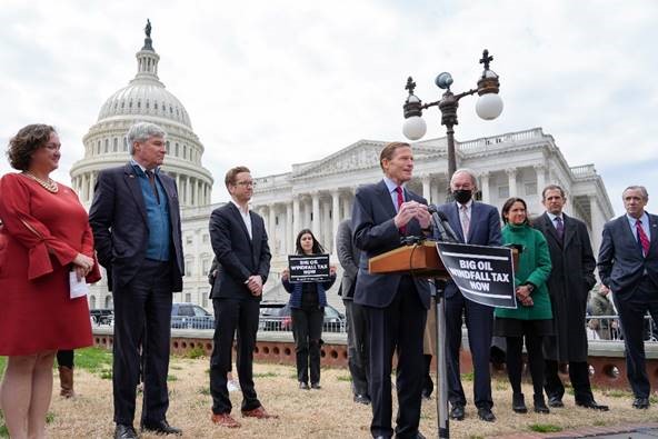 U.S. Senators Richard Blumenthal (D-CT), Sheldon Whitehouse (D-RI), Jeff Merkley (D-OR), and Edward J. Markey (D-MA) joined their colleagues at a press conference highlighting the Big Oil Windfall Profits Tax, legislation to curb profiteering by oil companies and provide Americans relief at the gas pump.